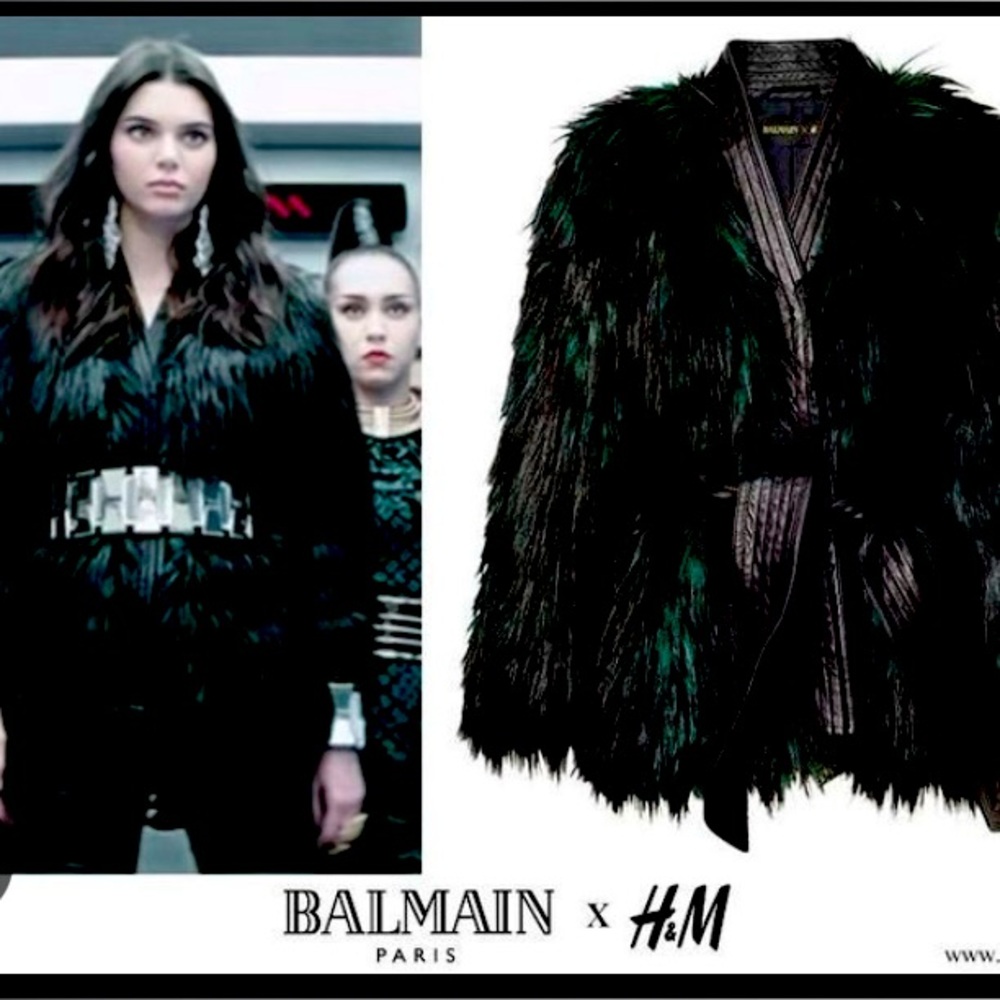 Balmain H&M Collaboration Black and Green Fur Coat with Leather Belt
